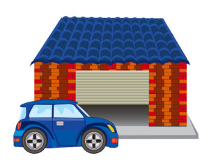 Animated blue car infront of an animated garage