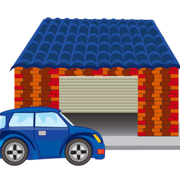 Animated blue car infront of an animated garage